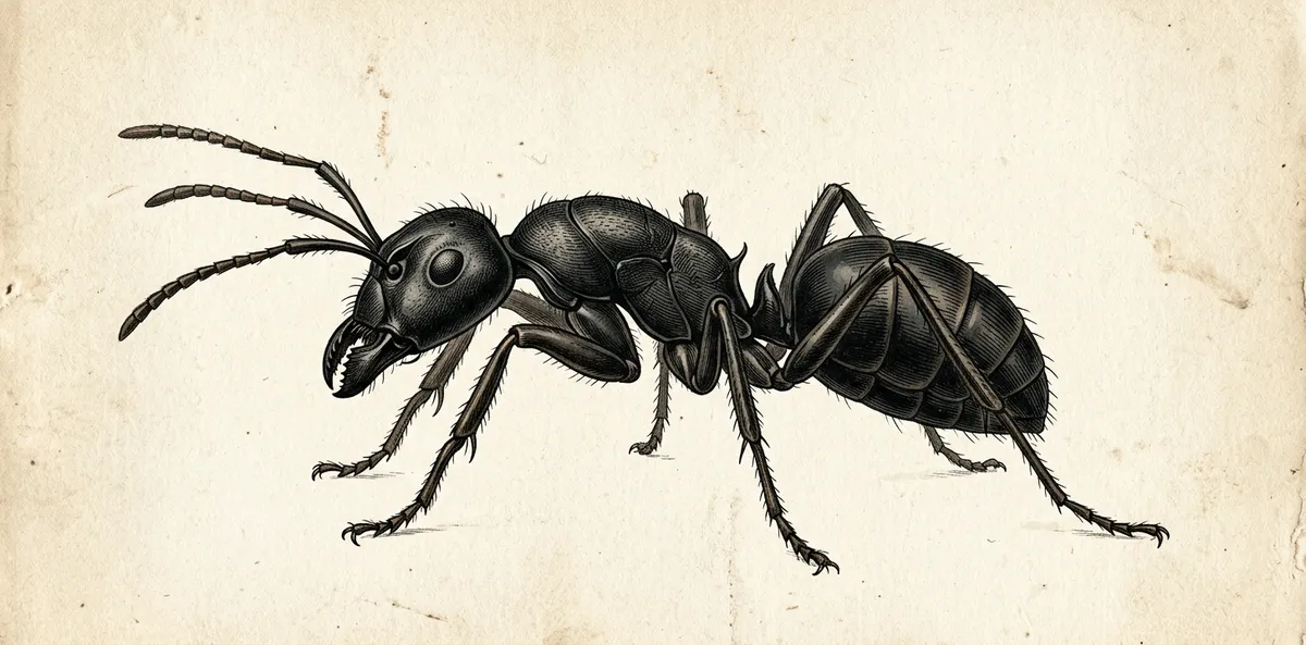 Illustration naturaliste vintage d'une fourmi charpentière noire, style scientifique 19ème siècle sur fond parchemin.