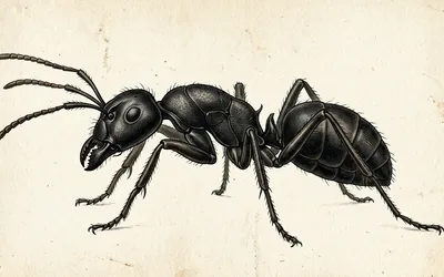 Illustration naturaliste vintage d'une fourmi charpentière noire, style scientifique 19ème siècle sur fond parchemin.