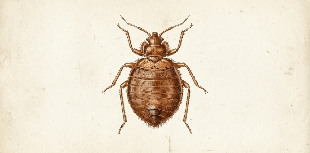 Illustration naturaliste vintage d'une punaise de lit adulte, style scientifique 19ème siècle sur fond parchemin.
