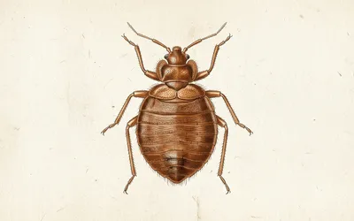 Illustration naturaliste vintage d'une punaise de lit adulte, style scientifique 19ème siècle sur fond parchemin.