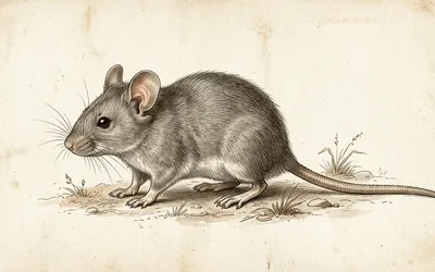 Illustration naturaliste vintage d'une petite souris grise, style scientifique 19ème siècle sur fond parchemin.
